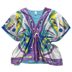 Y2K style women's silky multi coloured butterfly design swim coverup top, S-M.